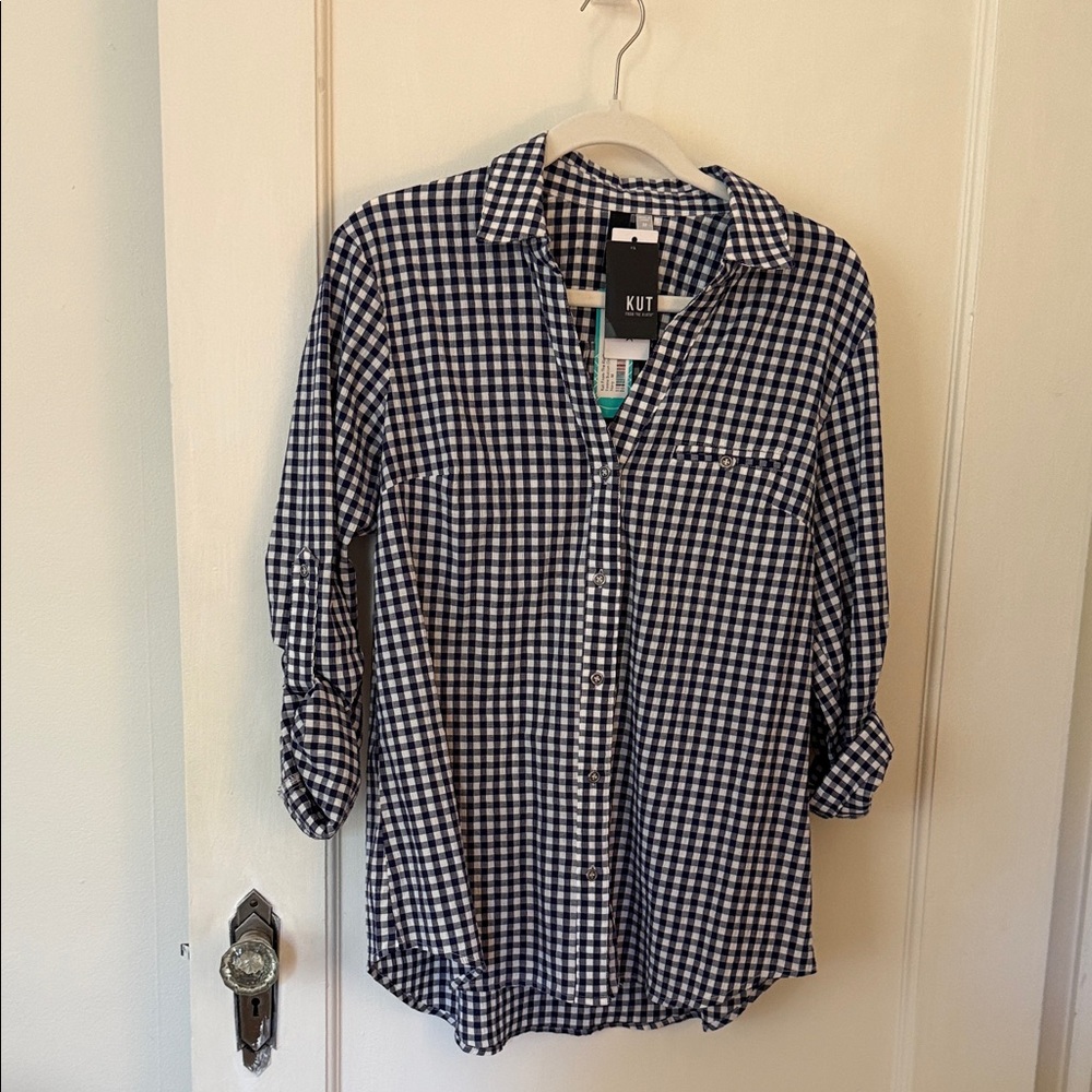 Kut from the Kloth Navy and White Gingham Blouse M